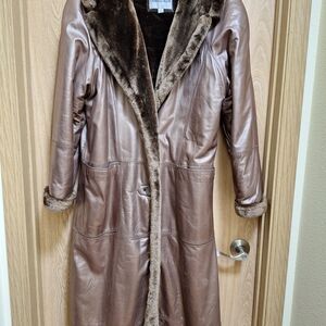 Women's Brown Leather Coat with Faux Fur Lining
